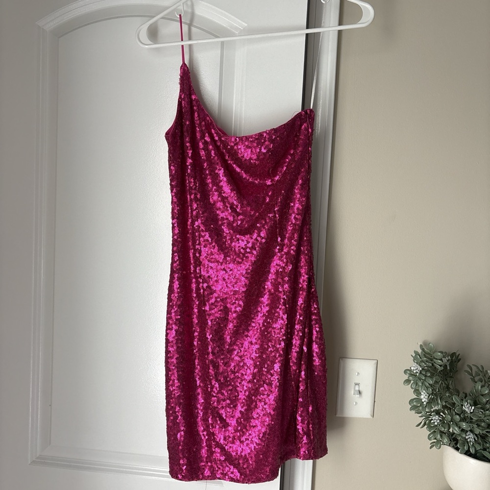 SHOWPO : Fuchsia one-shoulder sequin mini dress